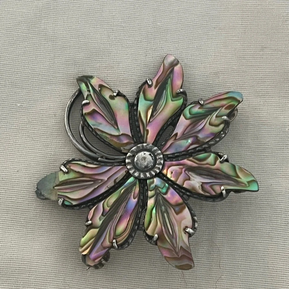 Source Unknown Jewelry - Sterling Silver 925 Paua or Abalone Flower Brooch MCM Hallmarked Iridescent